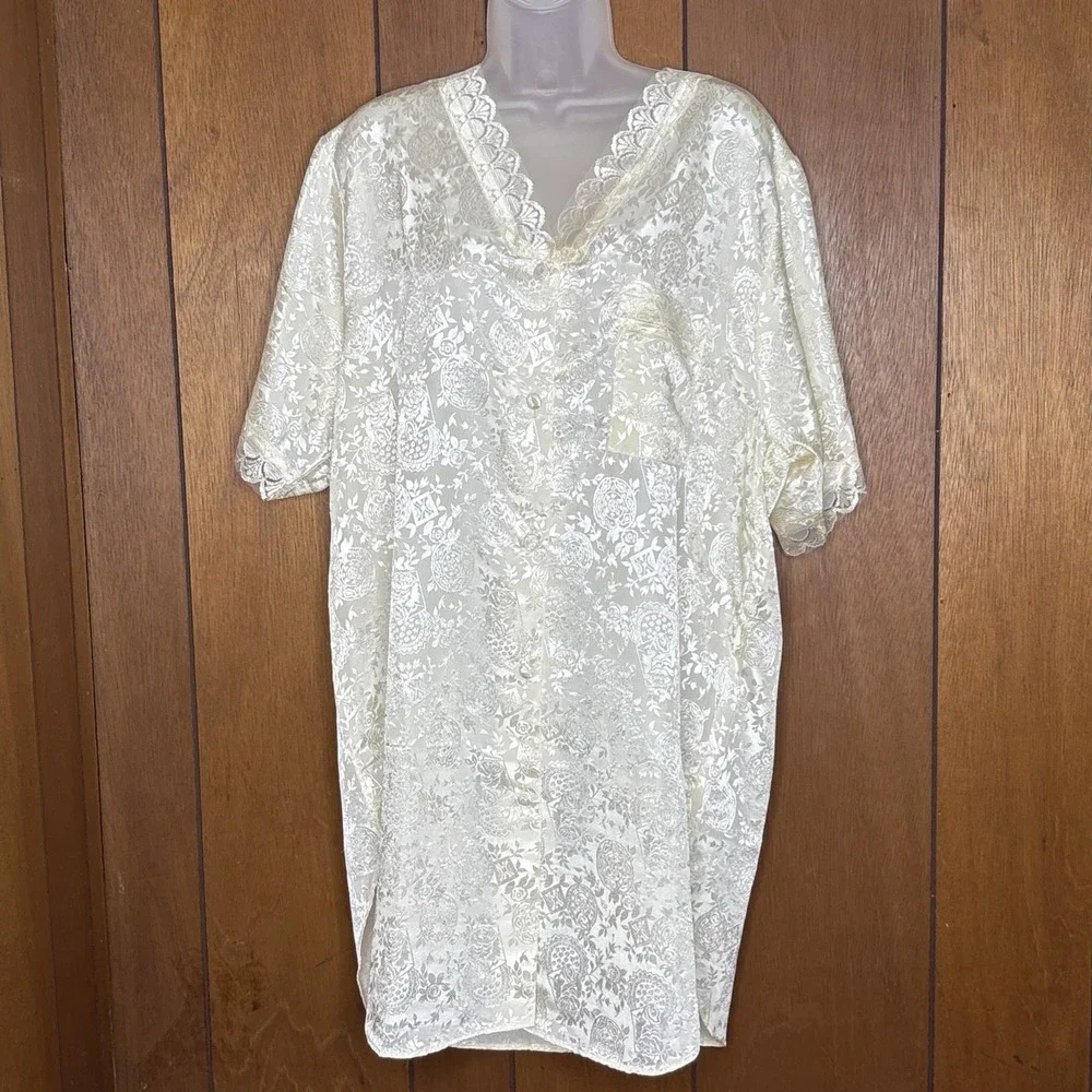 Elizabeth Lauren Womens L‎ Ivory Satin Jacquard Nightgown Lace Trim Coquette Y2K